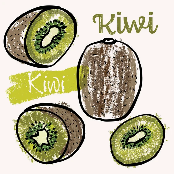Kiwi Ovoce Čára Umění Barva Ručně Kreslené Vektorové Ilustrace Drsné — Stockový vektor