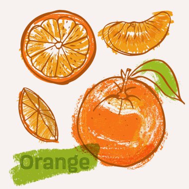 Turuncu turunçgil meyve çizimi sanat ve el yapımı vektör çizimi. Sert boya kalemleri, açık renkli bir kitap tarzında karalama yapar. Vektör
