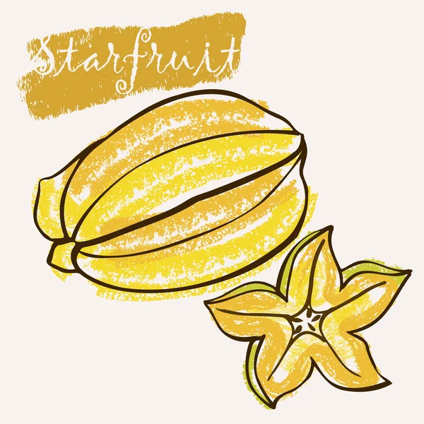 Starfruit Ligne Art Illustration Vectorielle Dessinée Main Couleur Crayon Rugueux — Image vectorielle
