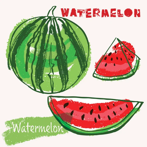 Watermeloen Lijn Kunst Kleur Met Hand Getekend Vector Illustratie Ruw — Stockvector