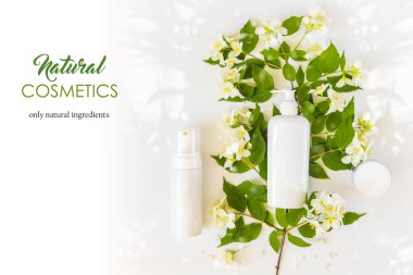 Damgalamak ve etiketlemek için şişeler. Çiçek açan bir elma dalında güneş parlıyor.