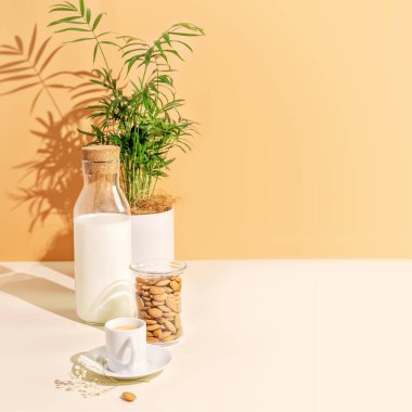 Bir fincan espresso, badem sütü, badem ve ev bitkisiyle sebzeli besin bileşimi. Çevre dostu bir mutfakta sağlıklı vejetaryen kahvaltısı ve kahve. Laktoz yok kavramı, bitki sütü. Evde dinleniyorum.