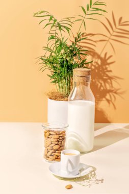 Çevre dostu bir mutfakta sağlıklı vejetaryen kahvaltısı ve taze kahve. Dikey sebzeler, bir fincan espresso, badem sütü, badem ve ev bitkisi karışımı. Laktoz yok kavramı, bitki sütü.