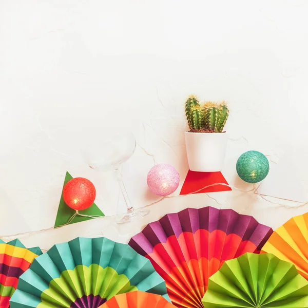 Mexican Holidays Blank Colorful Paper Fans Lightening Cactus White Background — Stock Photo, Image