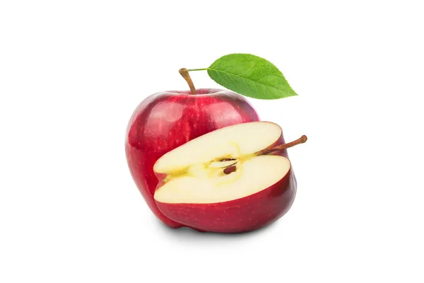 Pommier Rouge Mûr Avec Une Moitié Pomme Une Feuille Pomme — Photo