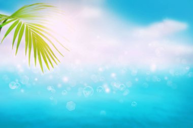 Bulanık, yeşil palmiye yaprağı tropikal plajda, Bokeh güneş ışığı dalgası soyut arka planda. Yaz tatili ve iş seyahati konseptini kopyala. Klasik ton filtre efekti renk biçimi