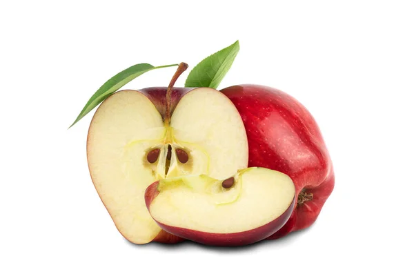 Pommier Rouge Mûr Avec Une Moitié Pomme Une Feuille Pomme — Photo