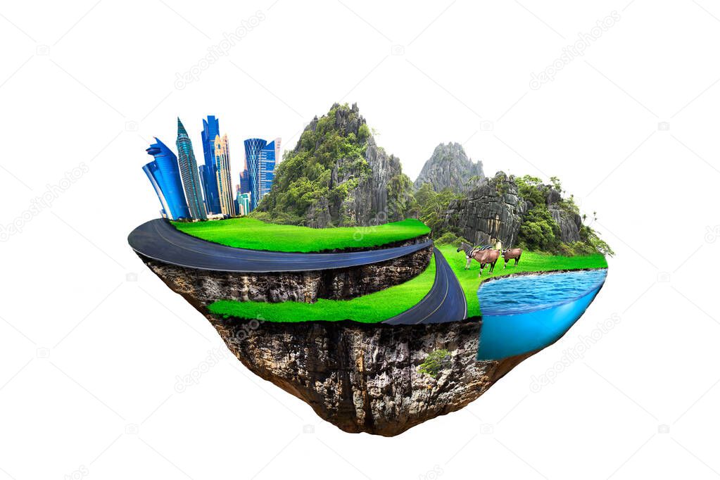 round soil ground cross section with earth land and  modern city  . fantasy floating island with natural on the rock, surreal float landscape with paradise concept isolated on white background
