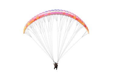 Paraşüt üzerinde uçan sporcu. İzole edilmiş beyaz arkaplanda güzel bir paraglider uçuyor. 