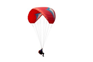 Paraşüt üzerinde uçan sporcu. İzole edilmiş beyaz arkaplanda güzel bir paraglider uçuyor. 