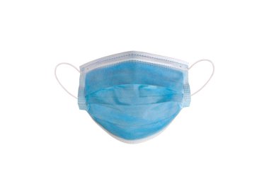  Mavi tıbbi koruyucu maskeler, beyaza izole edilmiş farklı açılardan. Kulaklıklı Corona virüs koruma maskesi, ön tarafta, dörtte üç ve yan görüntüler..