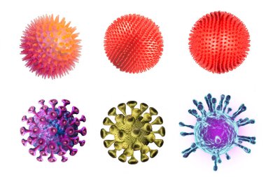 Coronavirus hücreleri veya bakteri molekülleri. Virüs Covid-19. Virüs beyazda izole edilmiş. Gribe yakın çekim, mikroskop altında bir virüse bakış, bulaşıcı bir hastalık. Bakteri, hücre enfekte organizma.