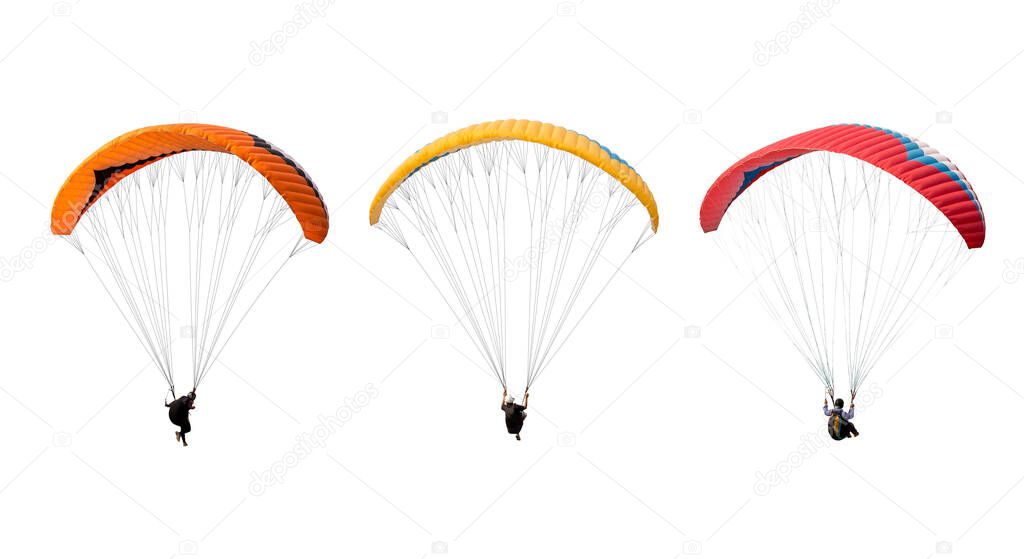 collection Bright colorful parachute isolated on white background,  The sportsman flying on a paraglider. Concept of extreme sport, taking adventure challenge.