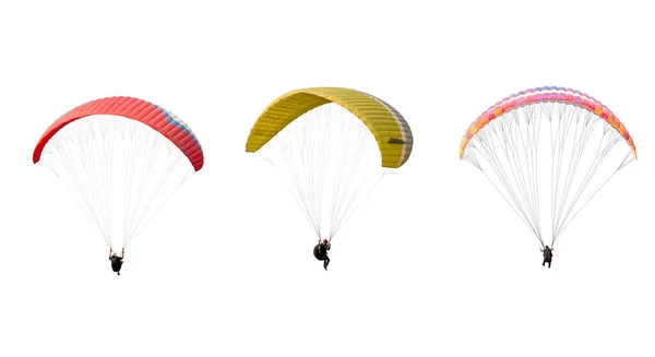 Collectie Heldere Kleurrijke Parachute Geïsoleerd Witte Achtergrond Sportman Vliegen Een — Stockfoto