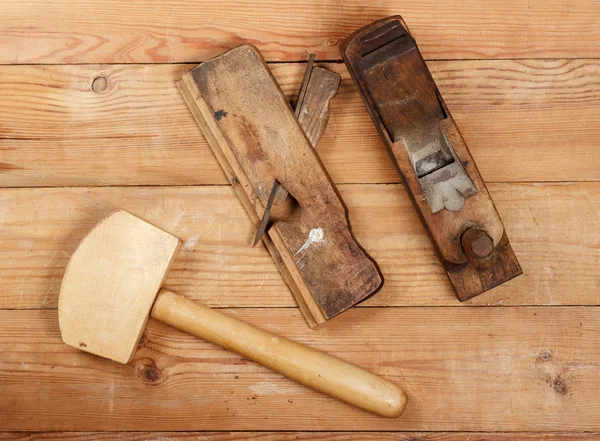 Two old planer and Mallet on a wooden table. Top view . Stock Image