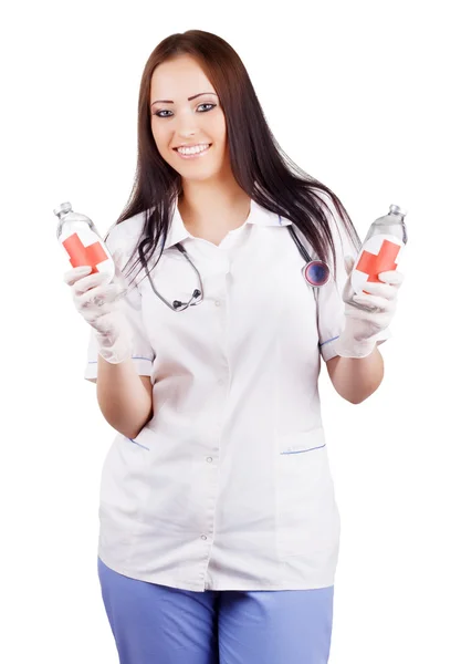 Woman doctor holding a glass bottles with a vaccine. — Stock Photo, Image