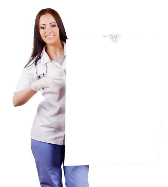 Woman doctor with placard. Isolated. — Stock Photo, Image