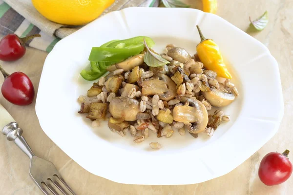 Warm salad of pearl barley, eggplant and mushrooms — Stock Photo, Image