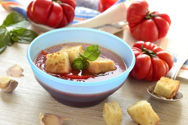Cold tomato soup with basil and garlic croutons — Stock Photo, Image