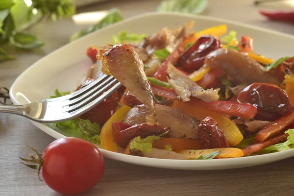 Chicken salad with dried tomatoes and sweet peppers — Stock Photo, Image