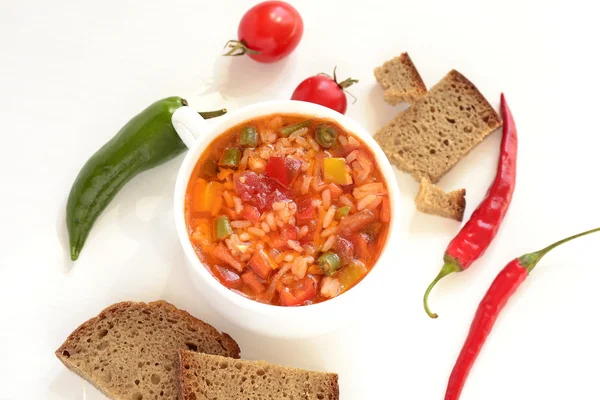 Spicy tomato soup with rice and vegetables — Stock Photo, Image