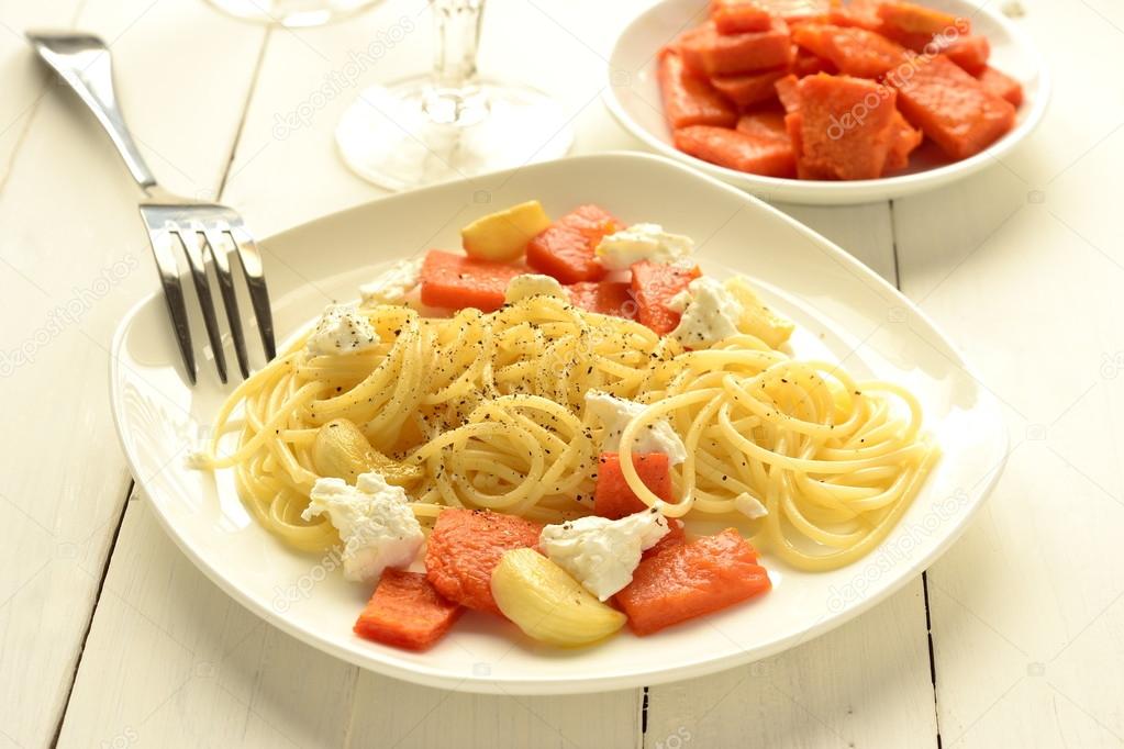Spaghetti With Roasted Pumpkin And Cottage Cheese Stock Photo