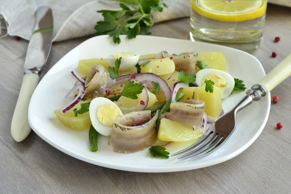 Salad with potatoes, anchovies, quail eggs, beans and onions — Stock Photo, Image