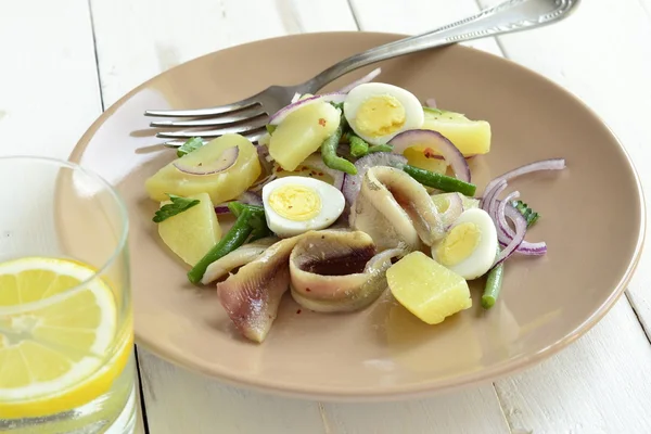 Ensalada con patatas, anchoas, huevos de codorniz, frijoles y cebollas —  Fotos de Stock