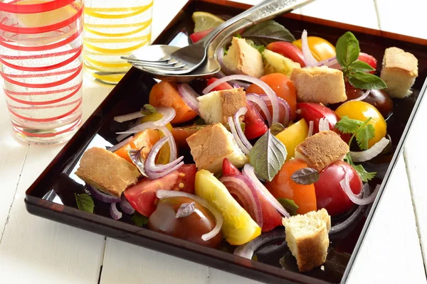 Panzanella - Italian salad with fresh tomatoes and crispy bread — Stock Photo, Image