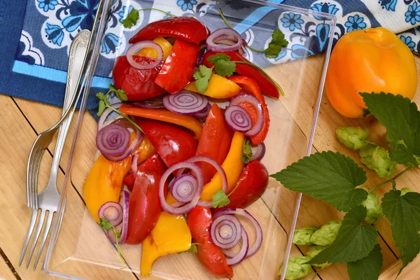 Roasted red and yellow bell pepper with purple onion — Stock Photo, Image