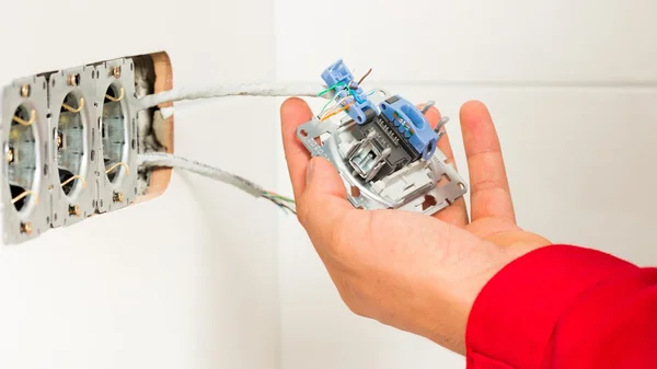 Electrician Mounting Electrical Wall Outlet — Stock Photo, Image