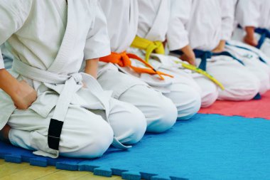Çocuklar karate eğitimi alıyor. Metin için yeri olan pankart. Web sayfaları veya reklam baskısı için.