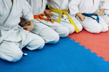 Çocuklar karate eğitimi alıyor. Metin için yeri olan pankart. Web sayfaları veya reklam baskısı için.