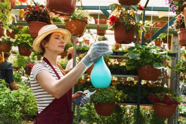 Şapkalı ve eldivenli kadın bahçıvan serada çiçeklerle çalışıyor..