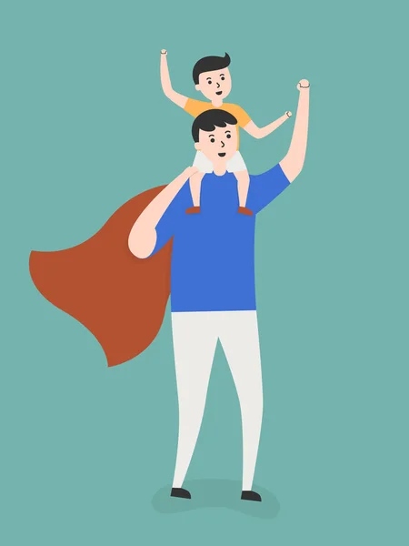 Super-Papa trägt seinen Sohn auf Schultern. — Stockvektor