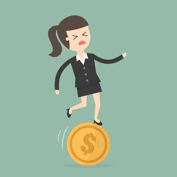 Businesswoman Stand On Unbalances Coin — Stock Vector