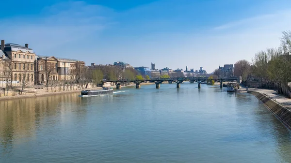 Paris Pont Des Arts Seine Vacker Panorama Med Husbåt Och — Stockfoto