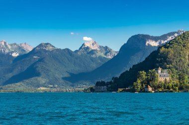 Annecy in France, the cliffs on the lake in summer, beautiful panorama