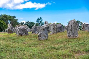 Brittany 'deki Carnac, bir taş tarlası, menhir dizilimi.