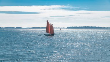 Ile-aux-Moines adasındaki eski tekne, kırmızı yelkenli, Morbihan körfezinde geleneksel tekne, Brittany