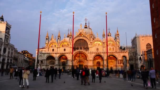 Verschwommene Touristenmenge läuft gegen Markusbasilika — Stockvideo