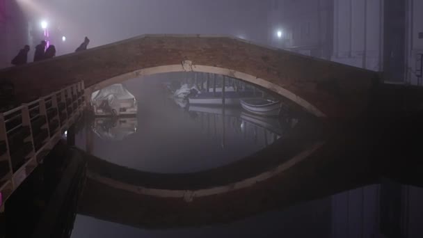 Grupa ludzi spaceruje po starożytnym moście przez spokojny kanał — Wideo stockowe