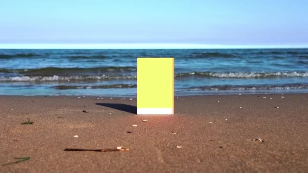 Żółto-biała księga stoi na mokrym piasku z małymi kamieniami — Wideo stockowe