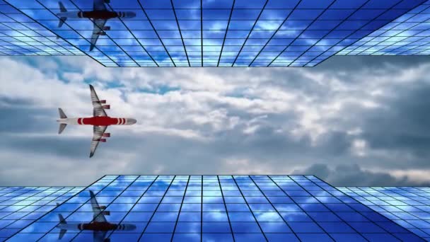 비행기는 태양 전 지판을 사용하여 벽 위로 하늘을 날아 다닙니다 — 비디오