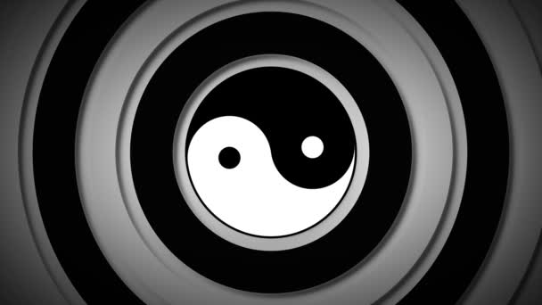 Le signe du yin et du yang tourne parmi les anneaux gris clair et noirs — Video