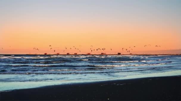 Silhouettes of dark kitesurfs flying above blue sea waves — Stock Video