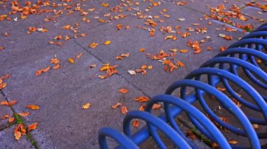 Asfalt yolda mavi metal bisiklet park yeri