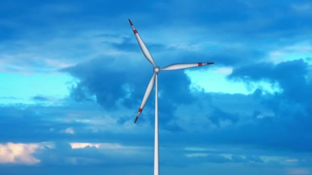 Modelo 3d de turbina de viento contra el cielo con nubes flotantes — Vídeos de Stock