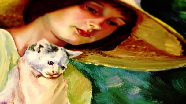 Szczegółowy portret dziewczyny w dużym żółtym kapeluszu gospodarstwa kot — Wideo stockowe