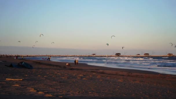 Ludzie spacerują po plaży, podczas gdy sportowcy kitesurfują. — Wideo stockowe